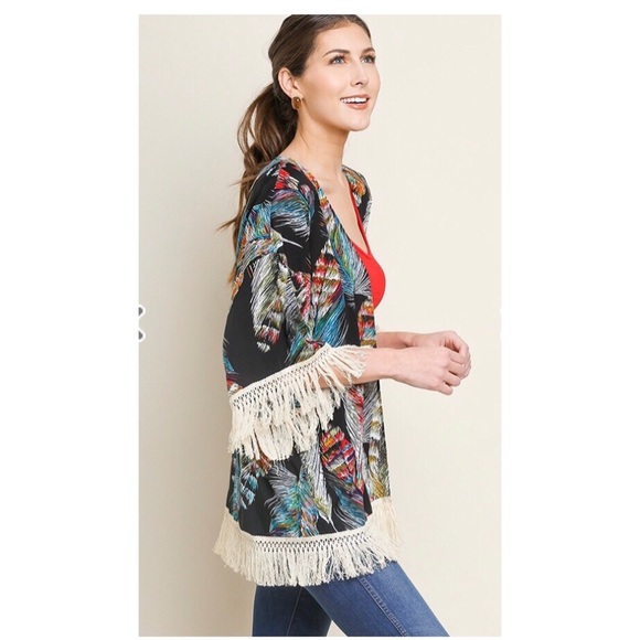 Feathered Print Open Front Kimono with Fringe Trim - Picture 2 of 3